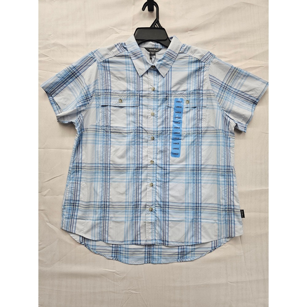 Eddie Bauer Adventure Shirt Womens Large Blue Plaid UPF 50 Short Sleeve EB004068
